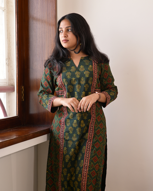 "DHOOP" Green Ajrakh Hand Block Printed Cotton Kurti