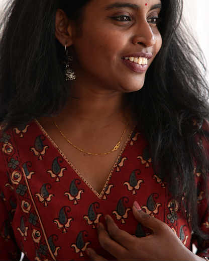 "NAIRA" Maroon Ajrakh Printed V Neck Cotton  Kurti