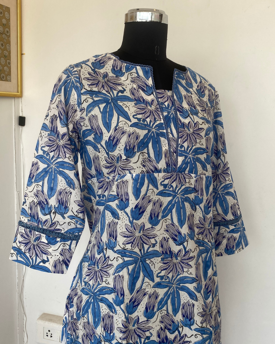 "CHAMPA" white and blue Floral Hand Block Printed Lace Kurti