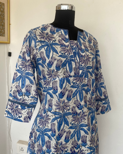 "CHAMPA" white and blue Floral Hand Block Printed Lace Kurti