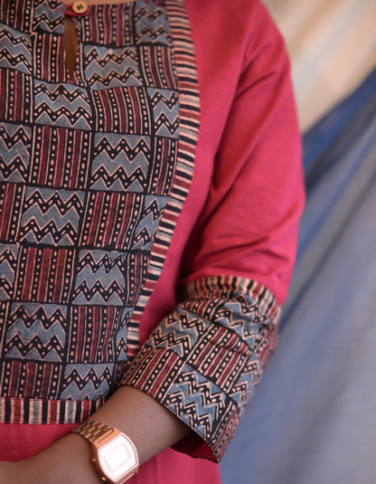Kadha  Maroon Plain Cotton Flax With Ajrakh  Patch Kurti