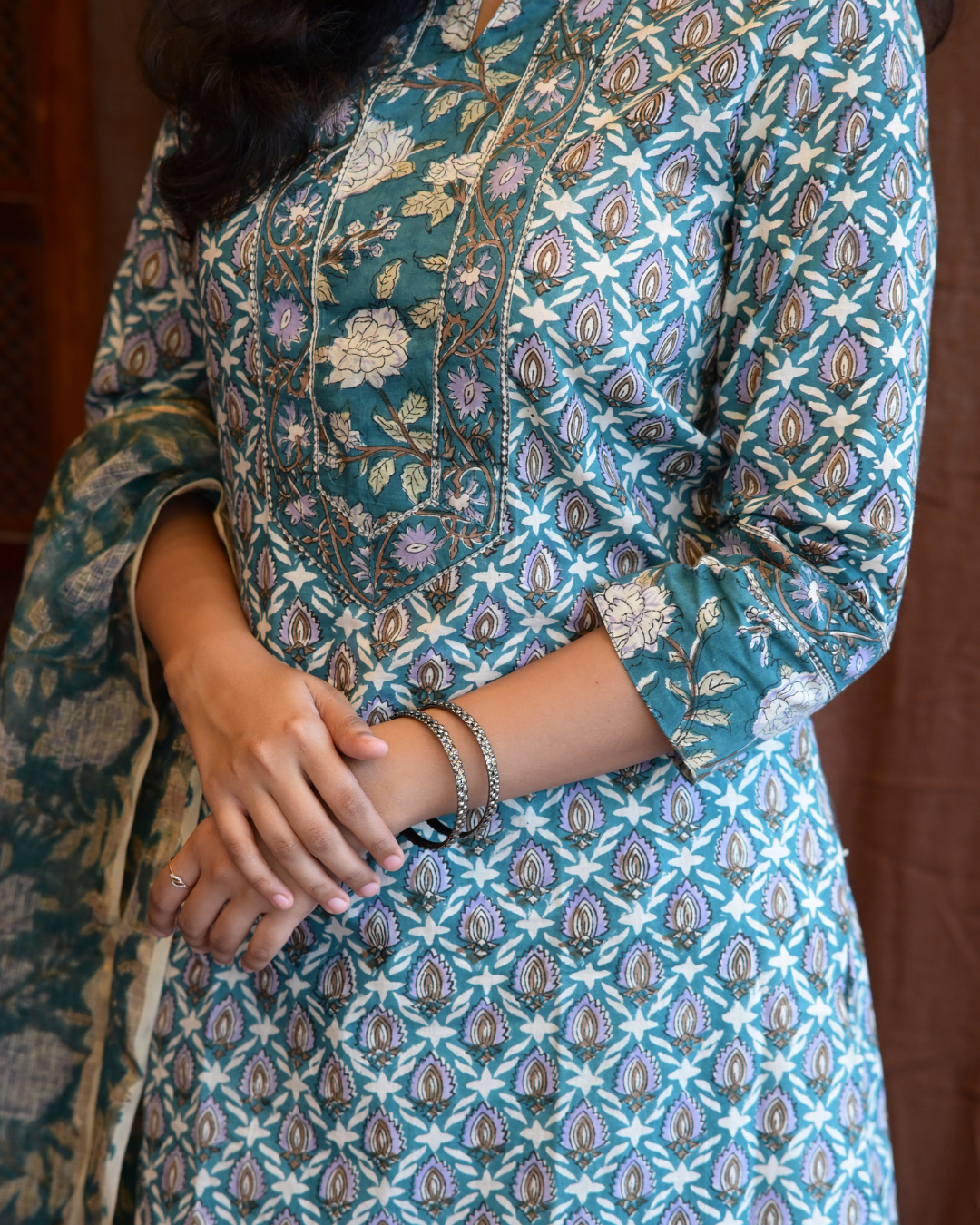 "NIRAM" Teal Blue Sanganeri Hand block printed cotton kurti set with Kota Doriya dupatta.