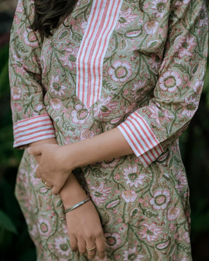 Green and pink hand block printed kurti