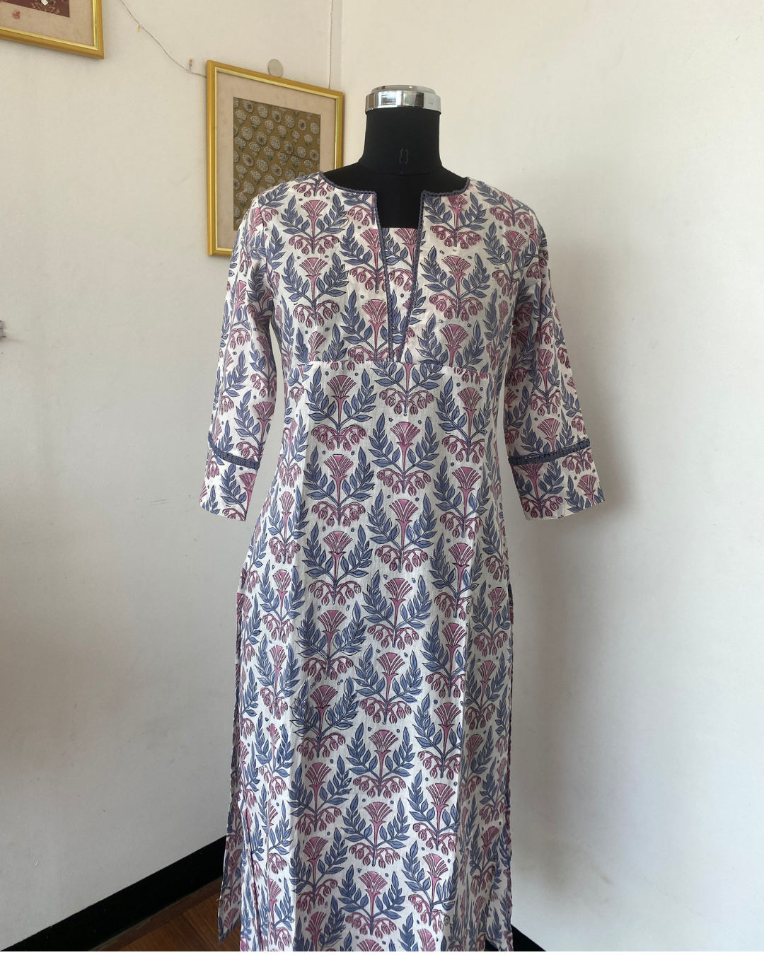 "CHAMPA" White with Grey Floral Hand Block Printed Cotton Lace Kurti