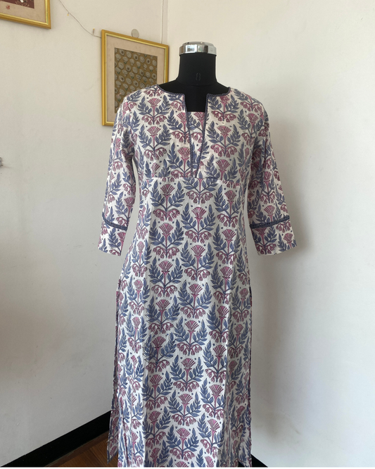 "CHAMPA" White with Grey Floral Hand Block Printed Cotton Lace Kurti