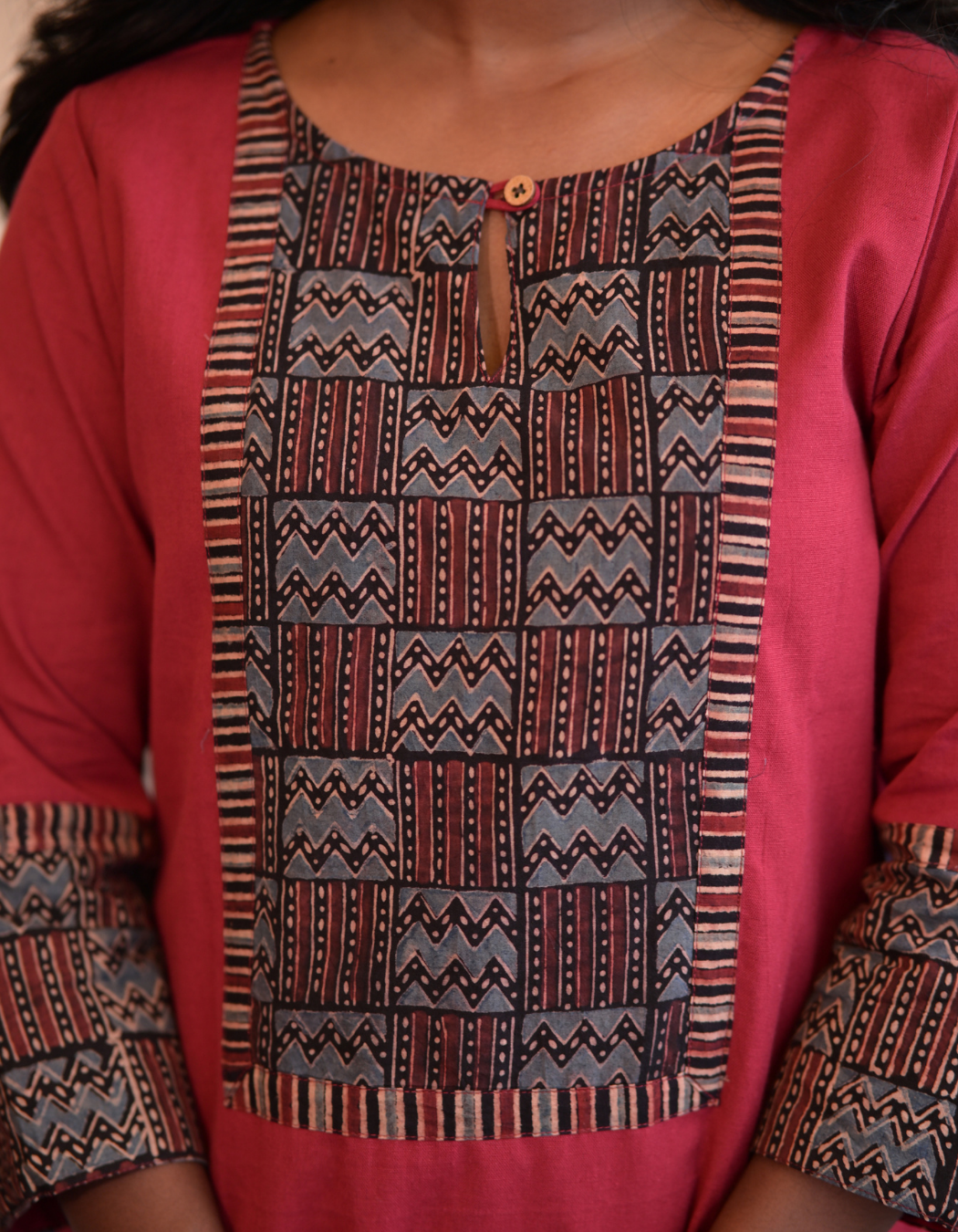 Kadha  Maroon Plain Cotton Flax With Ajrakh  Patch Kurti