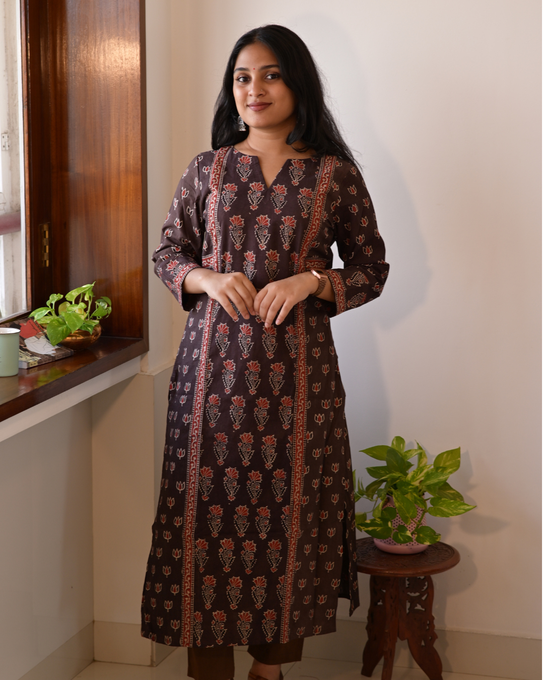 "DHOOP"  Brown Hand Block Printed Cotton Kurti