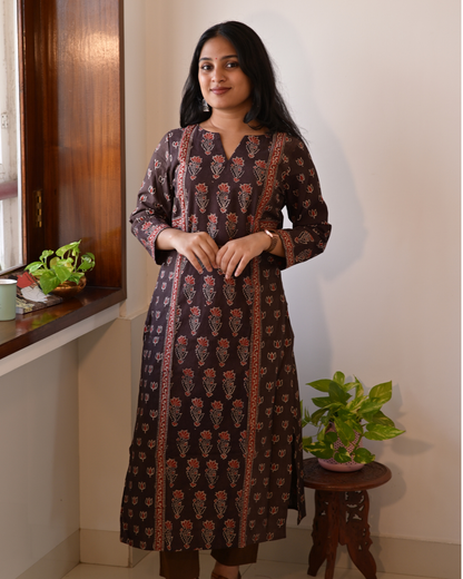 "DHOOP"  Brown Hand Block Printed Cotton Kurti