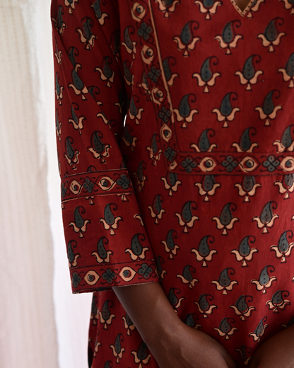 "NAIRA" Maroon Ajrakh Printed V Neck Cotton  Kurti