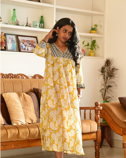 Gulmohar Yellow Paisly Handblock Printed Cotton Gatherd A-line dress kurti