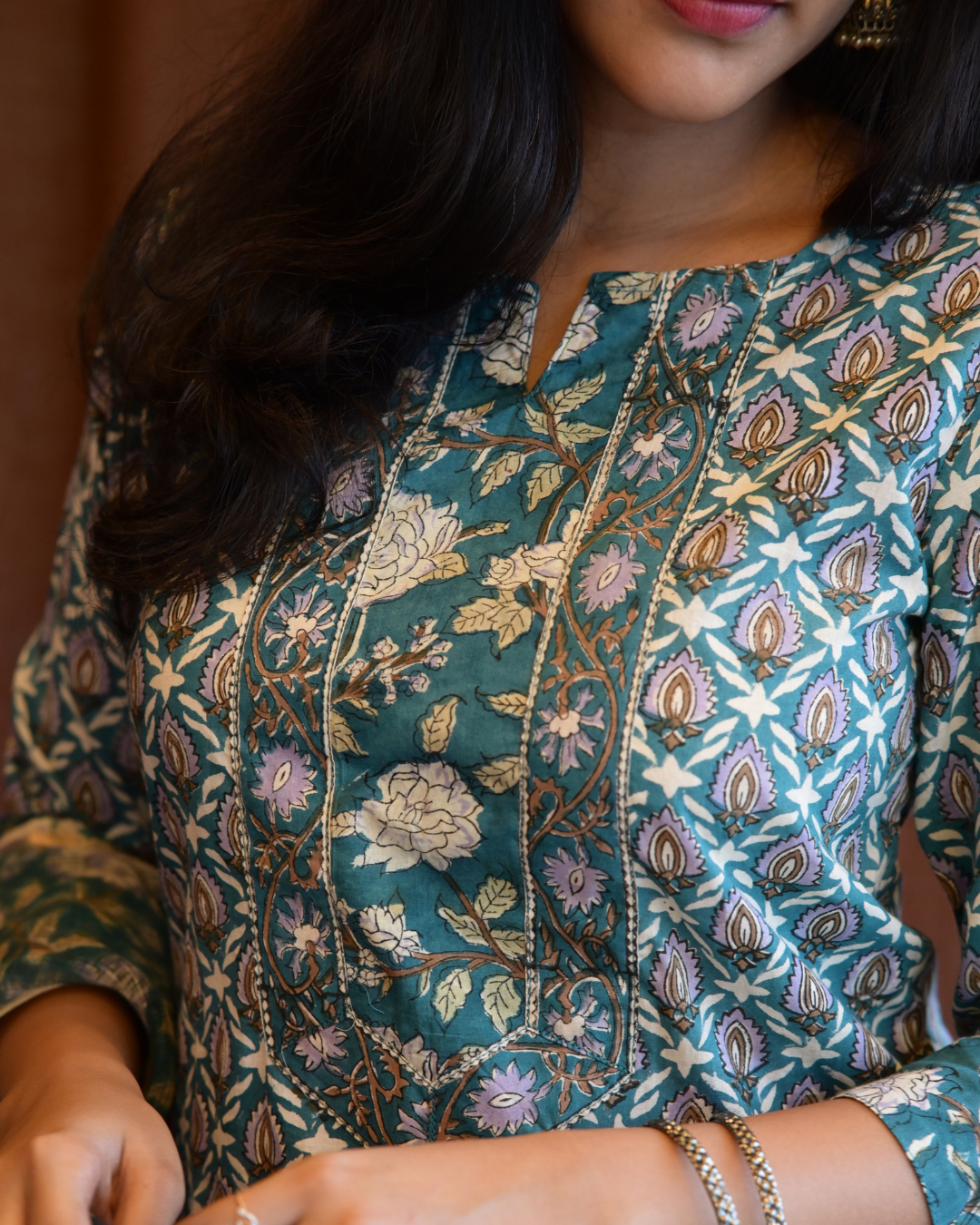 "NIRAM" Teal Blue Sanganeri Hand block printed cotton kurti set with Kota Doriya dupatta.