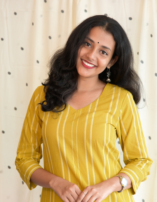 ROOH - YELLOW SOUTH COTTON  CURVD -V NECK KURTI