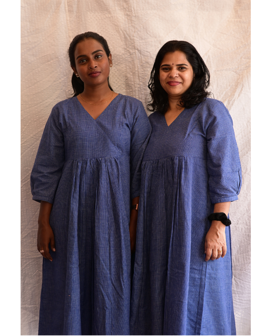 BENGAL HANDLOOM COTTON BLUE CHECK GATHERED DRESS