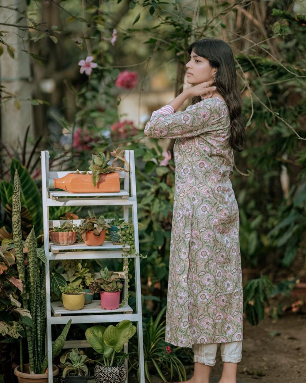 Green and pink hand block printed kurti