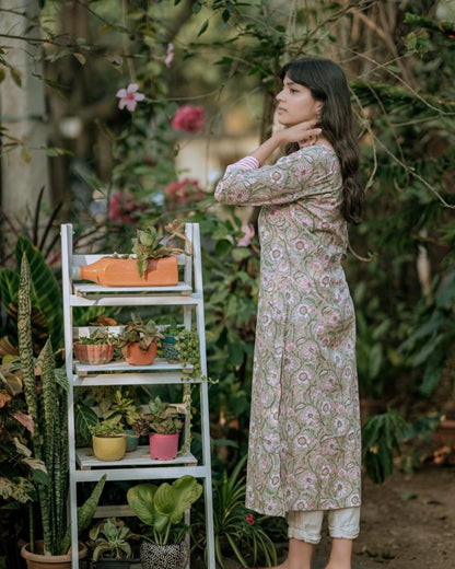 Green and pink hand block printed kurti