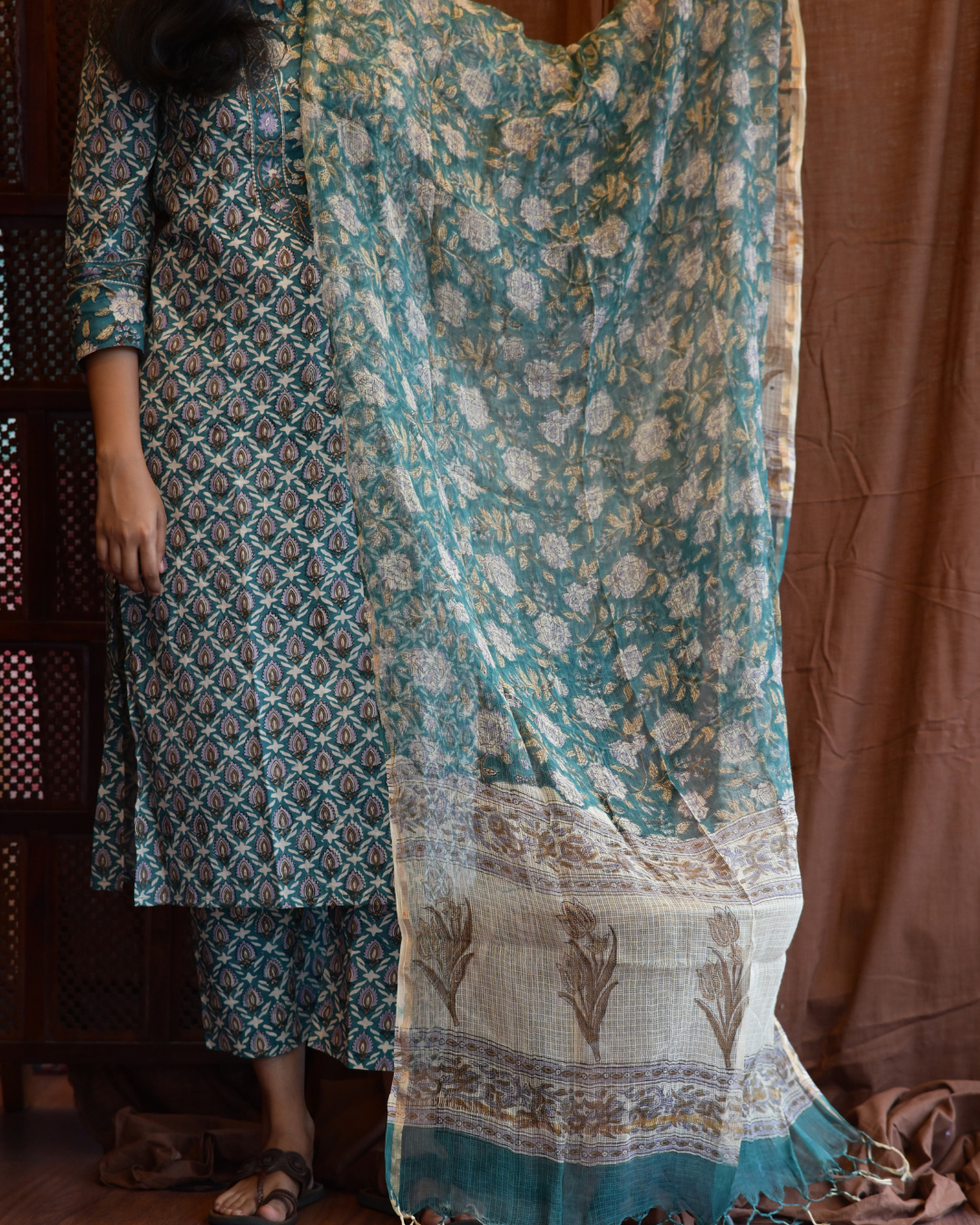 "NIRAM" Teal Blue Sanganeri Hand block printed cotton kurti set with Kota Doriya dupatta.