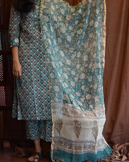 "NIRAM" Teal Blue Sanganeri Hand block printed cotton kurti set with Kota Doriya dupatta.