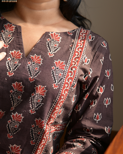 "DHOOP"  Brown Hand Block Printed Cotton Kurti