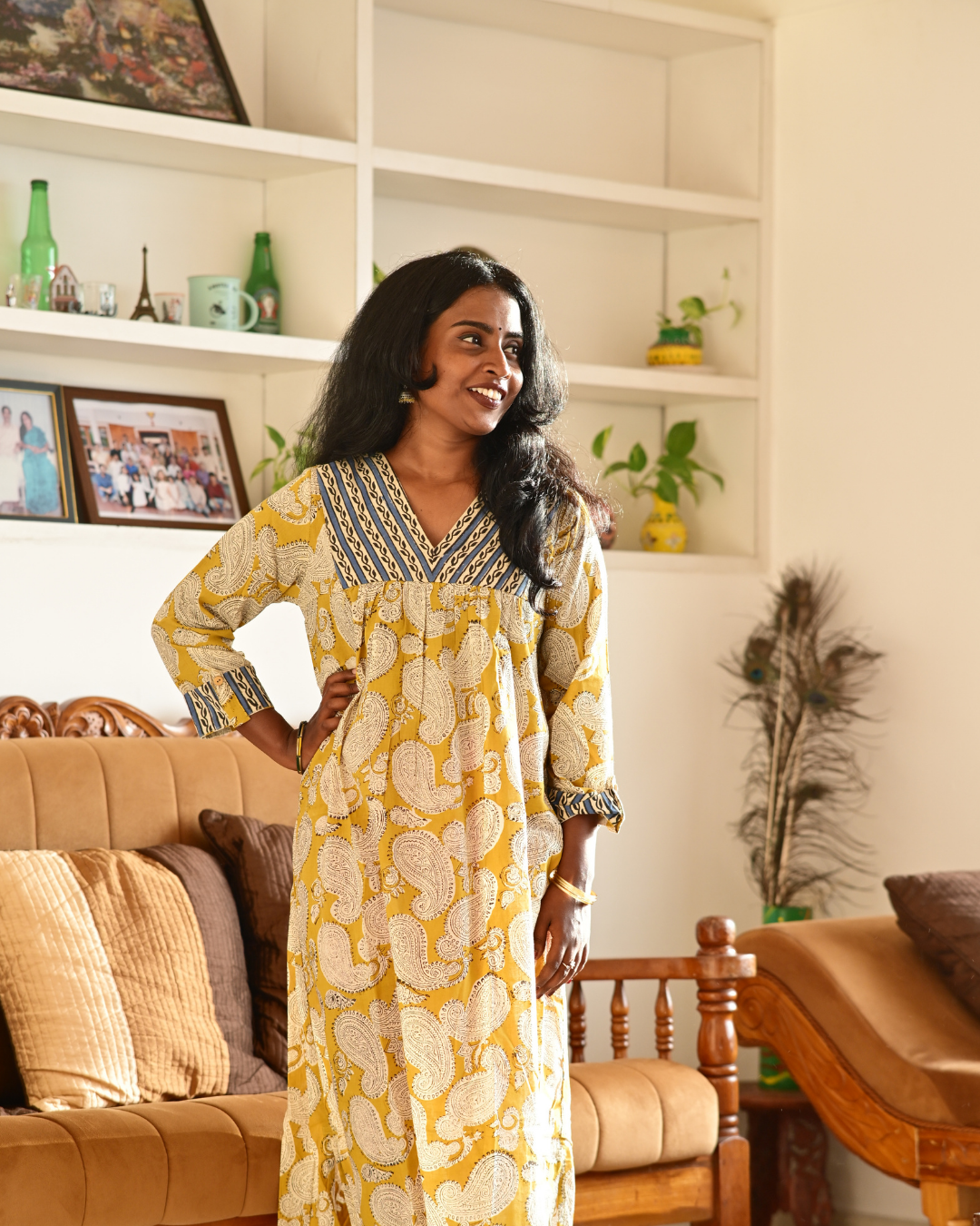 Gulmohar Yellow Paisly Handblock Printed Cotton Gatherd A-line dress kurti