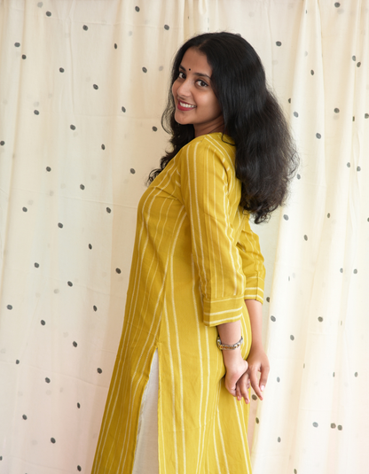 ROOH - YELLOW SOUTH COTTON  CURVD -V NECK KURTI