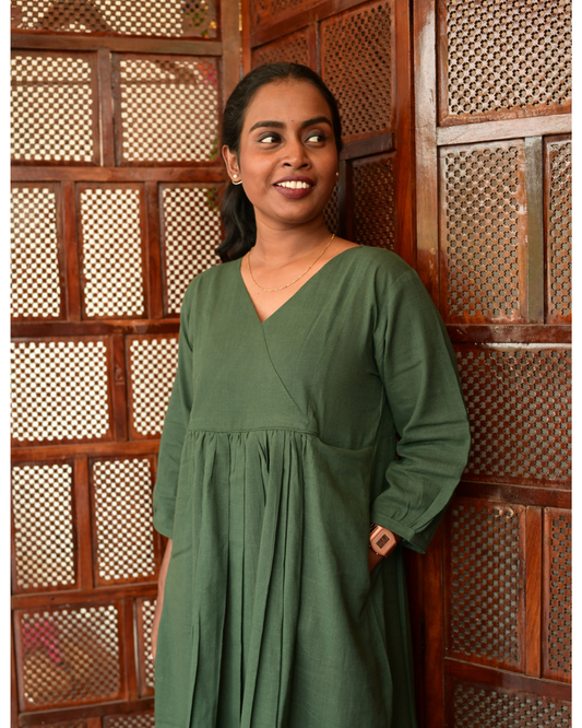 GREEN SLUB COTTON GATHERED DRESS