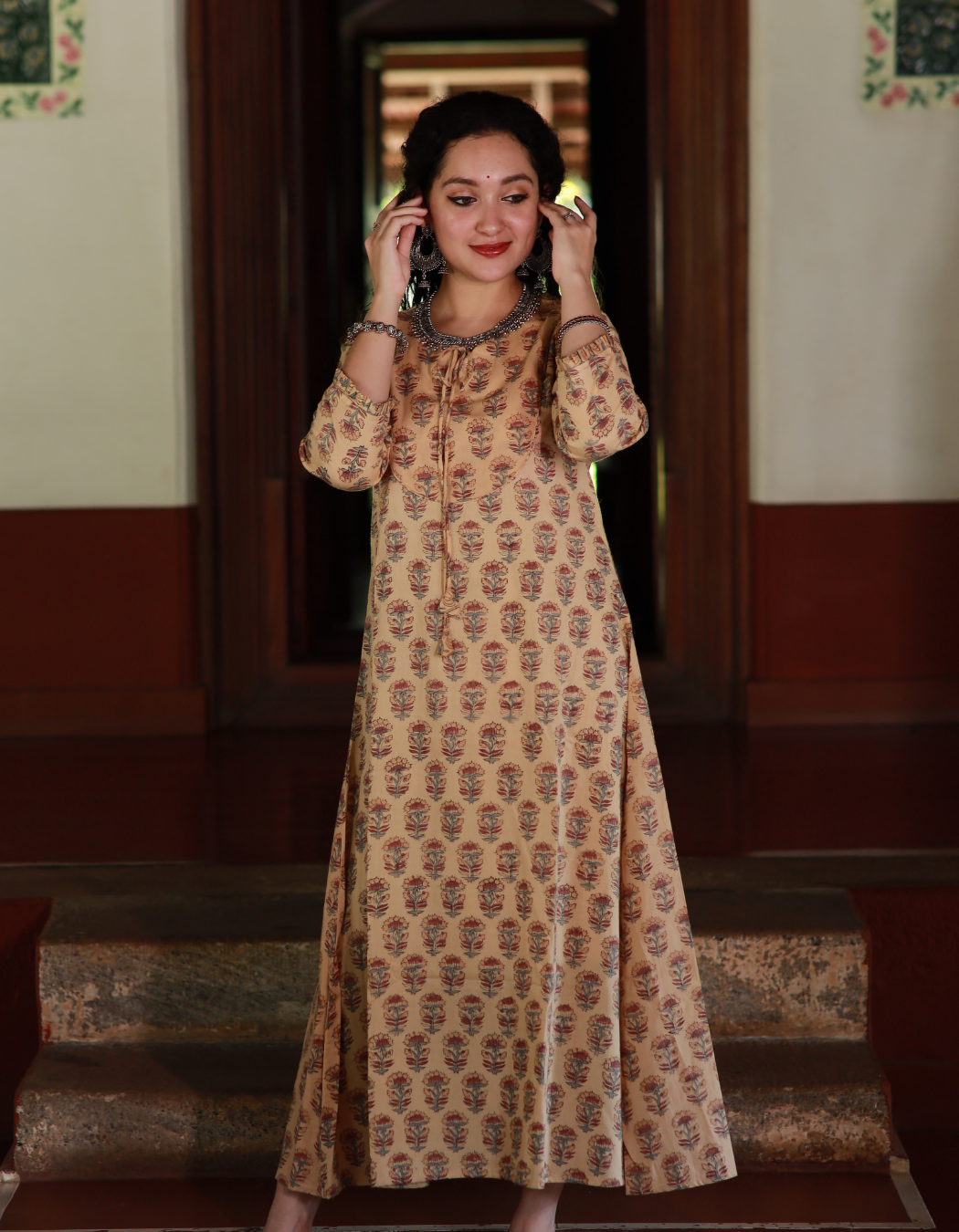 Beige Floral Hand Block Printed A Line Dress