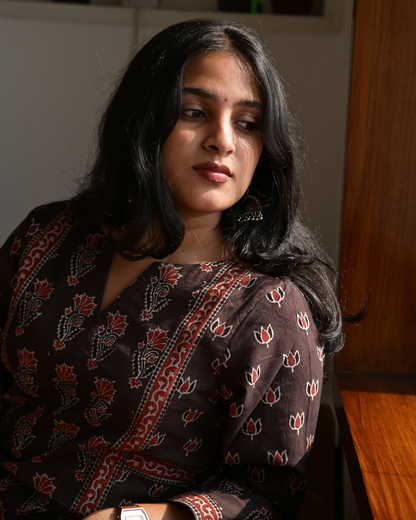"DHOOP"  Brown Hand Block Printed Cotton Kurti