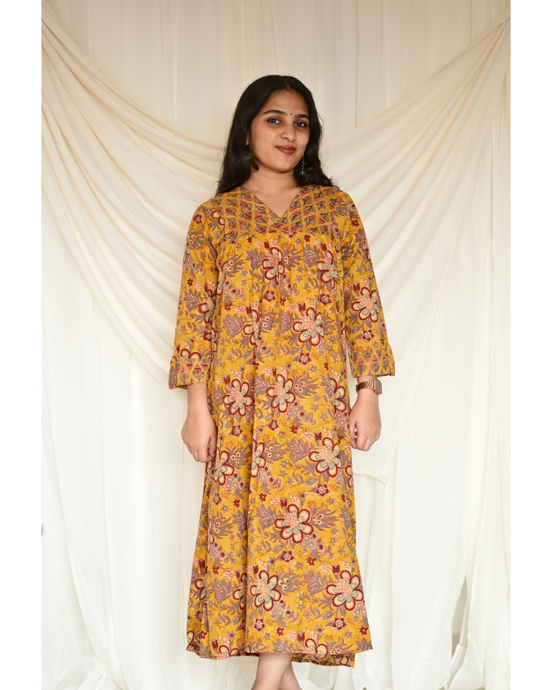 Gulmohar Mustard Yellow Floral Handblock Printed Gatherd A-line dress kurti