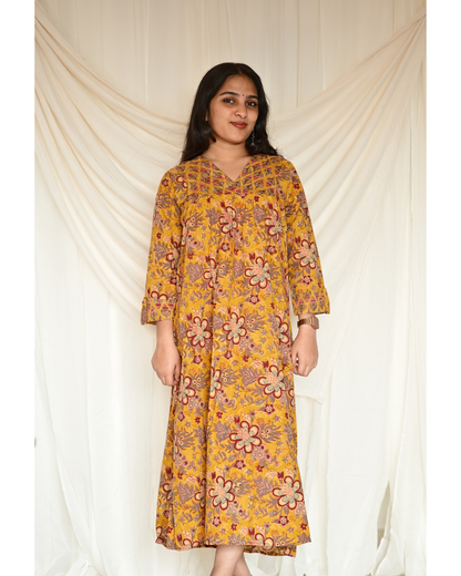 Gulmohar Mustard Yellow Floral Handblock Printed Gatherd A-line dress kurti