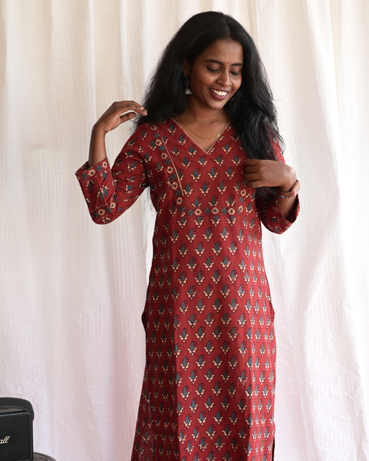 "NAIRA" Maroon Ajrakh Printed V Neck Cotton  Kurti