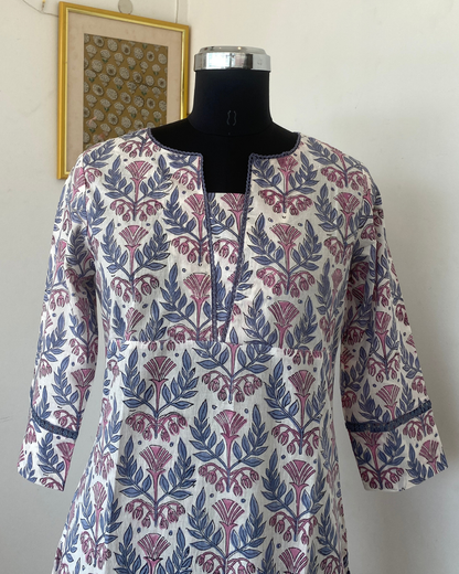 "CHAMPA" White with Grey Floral Hand Block Printed Cotton Lace Kurti