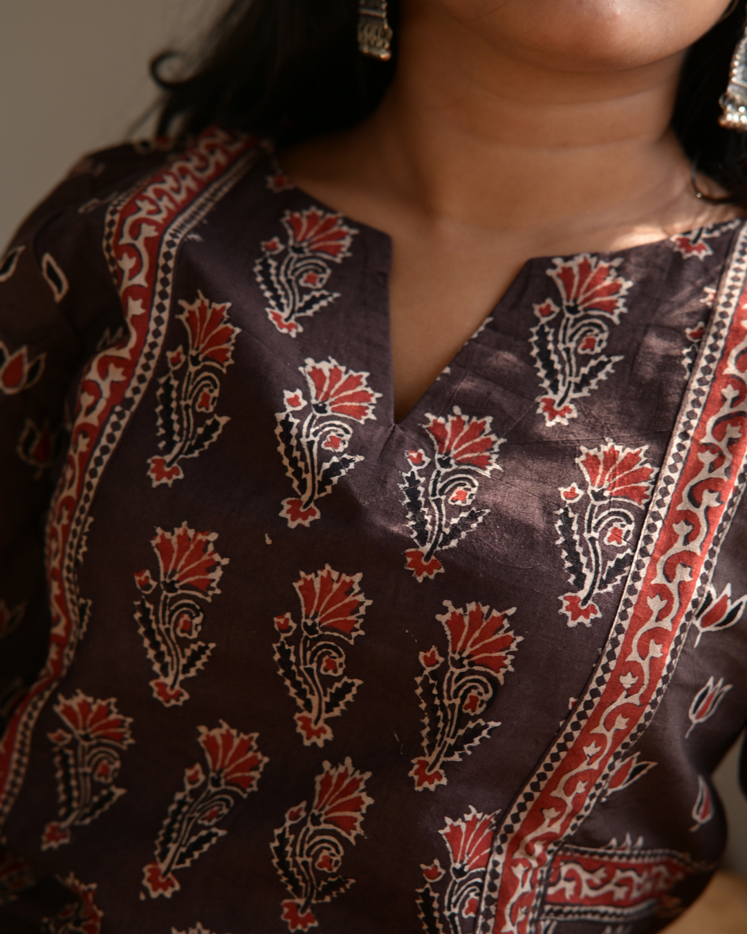 "DHOOP"  Brown Hand Block Printed Cotton Kurti