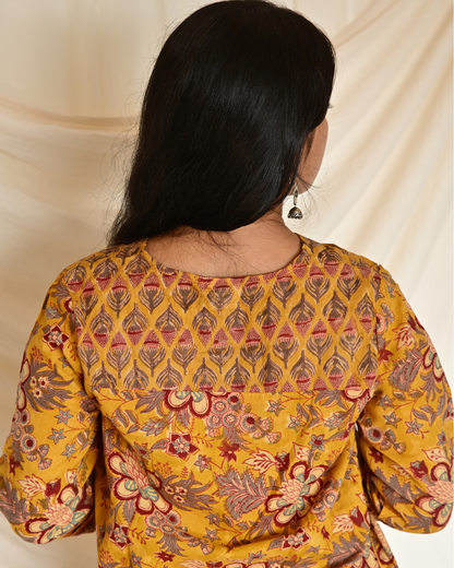 Gulmohar Mustard Yellow Floral Handblock Printed Gatherd A-line dress kurti