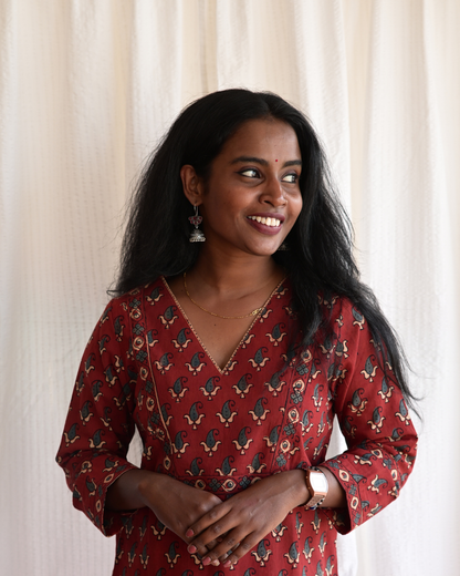 "NAIRA" Maroon Ajrakh Printed V Neck Cotton  Kurti