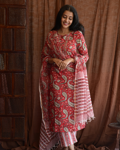 "NIRAM" Red Sanganeri Hand block printed cotton kurti set with Kota Doriya dupatta