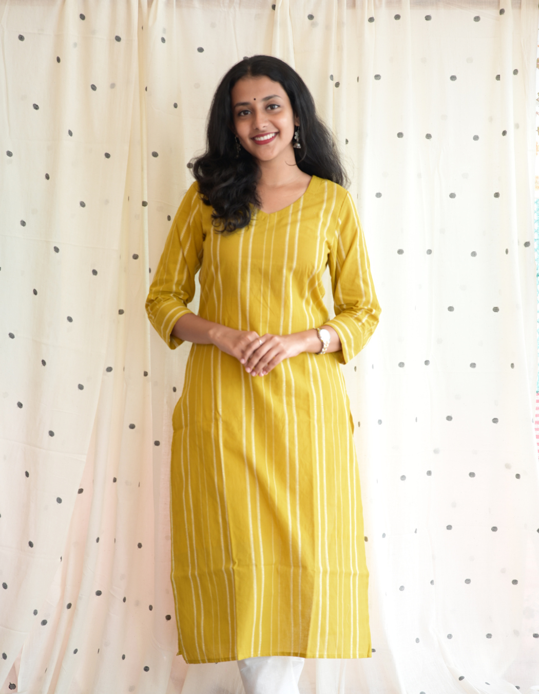 ROOH - YELLOW SOUTH COTTON  CURVD -V NECK KURTI