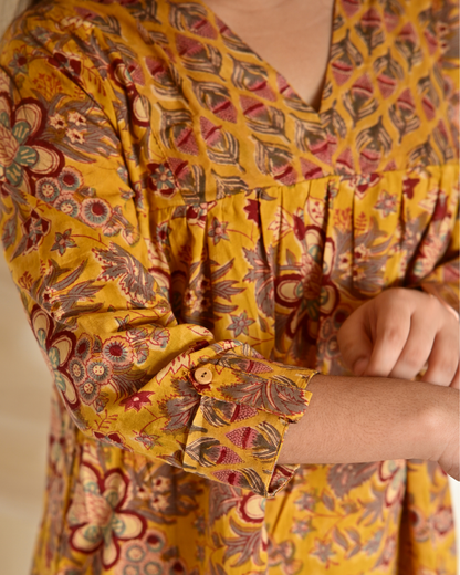 Gulmohar Mustard Yellow Floral Handblock Printed Gatherd A-line dress kurti