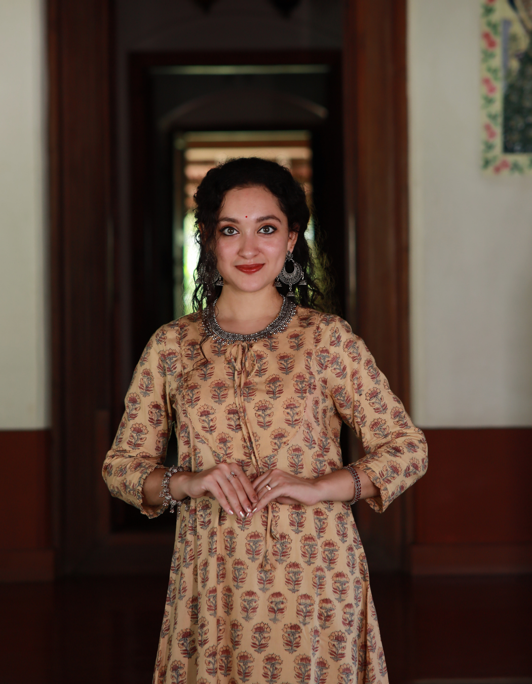 Beige Floral Hand Block Printed A Line Dress