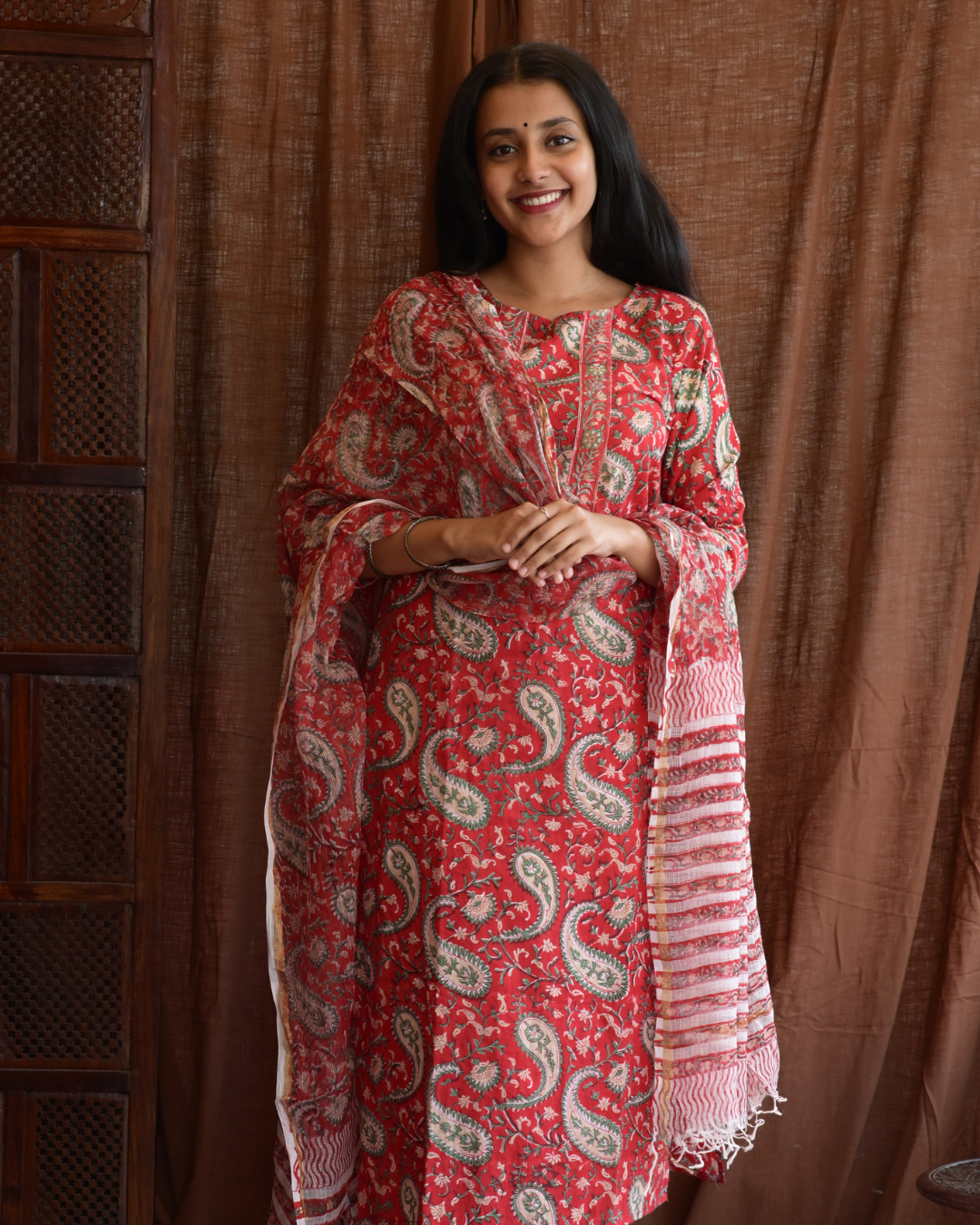 "NIRAM" Red Sanganeri Hand block printed cotton kurti set with Kota Doriya dupatta