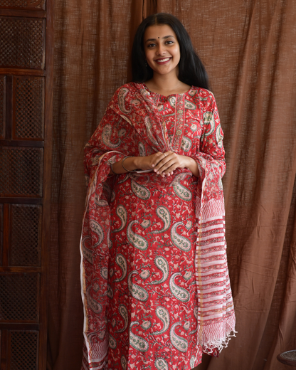 "NIRAM" Red Sanganeri Hand block printed cotton kurti set with Kota Doriya dupatta