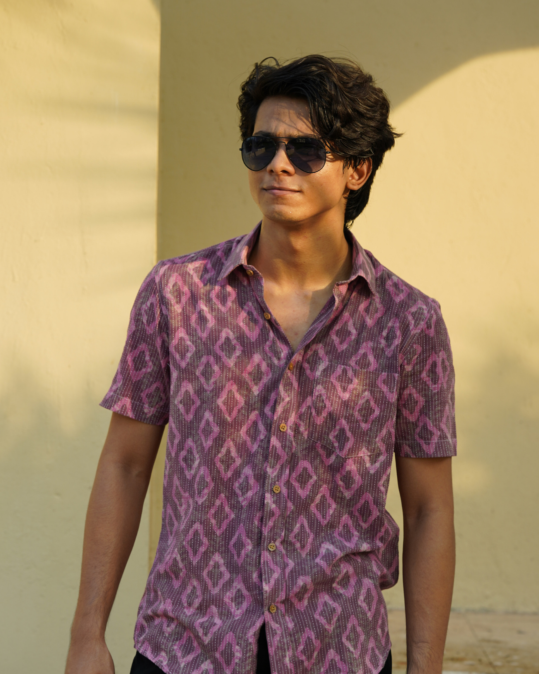 Onion pink kantha fabric men's shirt