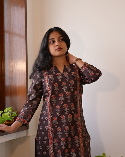 "DHOOP"  Brown Hand Block Printed Cotton Kurti