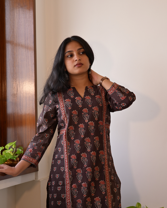"DHOOP"  Brown Hand Block Printed Cotton Kurti