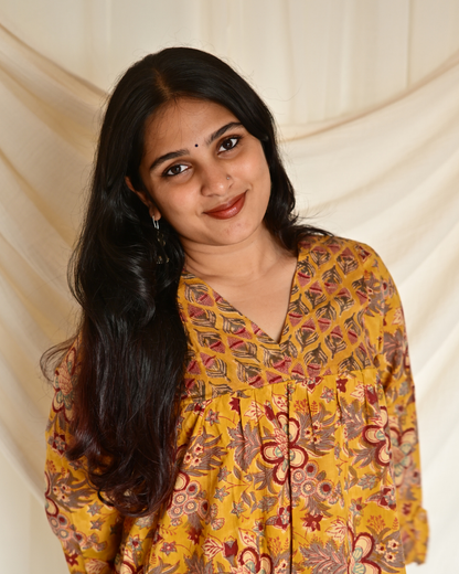 Gulmohar Mustard Yellow Floral Handblock Printed Gatherd A-line dress kurti