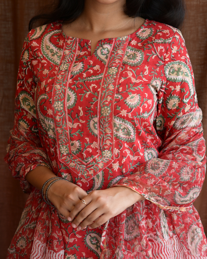 "NIRAM" Red Sanganeri Hand block printed cotton kurti set with Kota Doriya dupatta