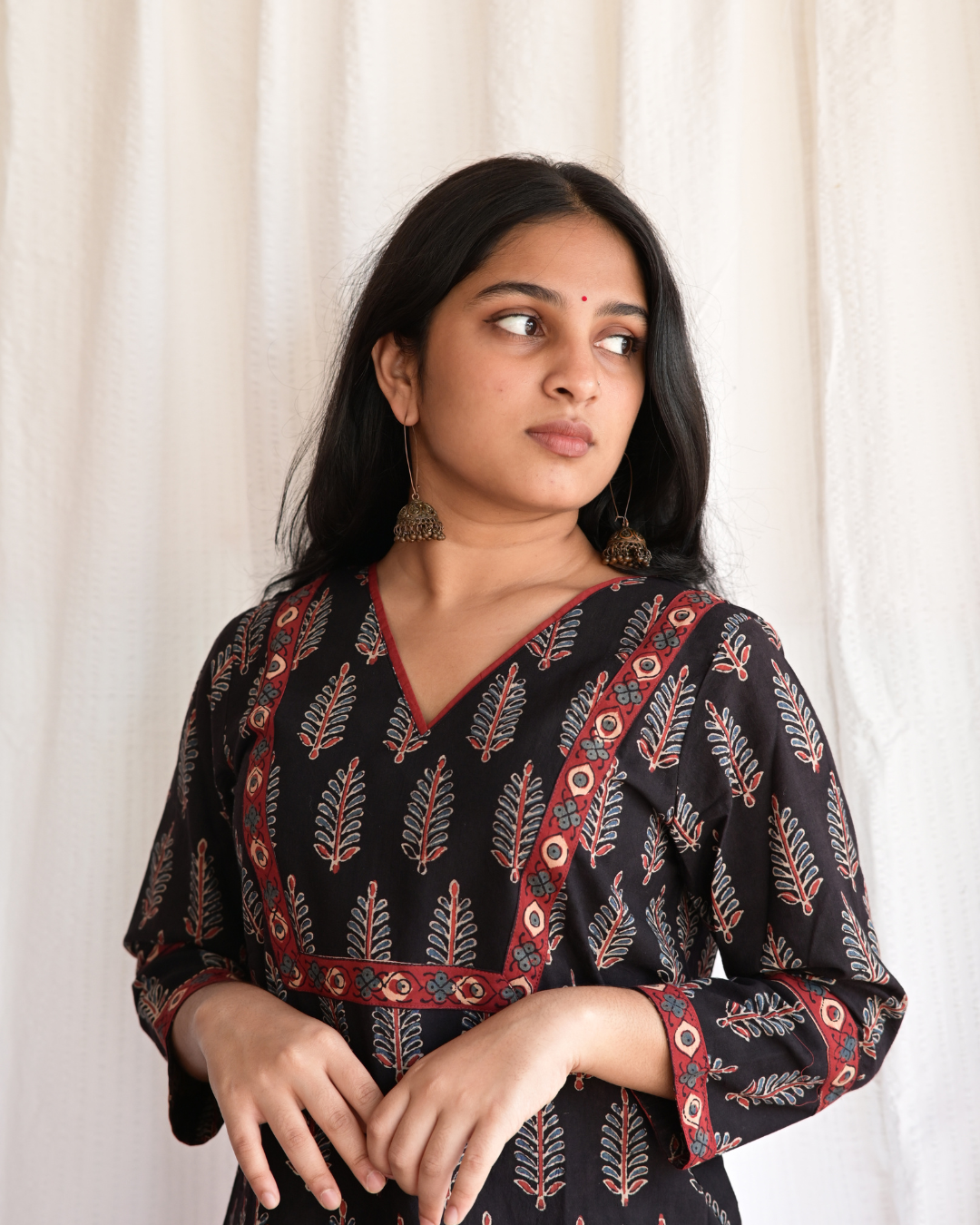 "NAIRA"  Black Ajrakh Printed V Neck Cotton  Kurti