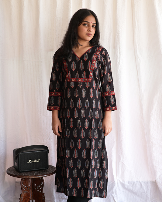 "NAIRA"  Black Ajrakh Printed V Neck Cotton  Kurti