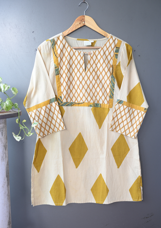 Beige and Mustard yellow Geometric Print Patch Hand Block Printed Short Kurti