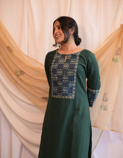 Kadha  Green Plain Cotton Flax With Ajrakh  Patch Kurti