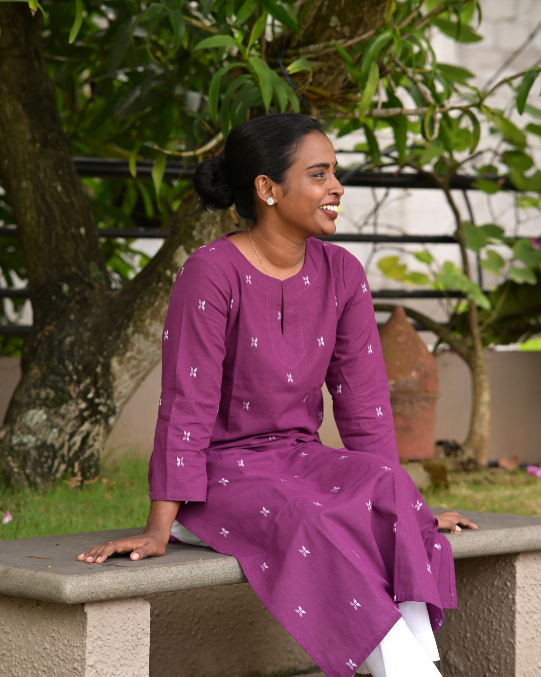 LEHRAA - Purple Butta South Cotton Slit Neck Kurti